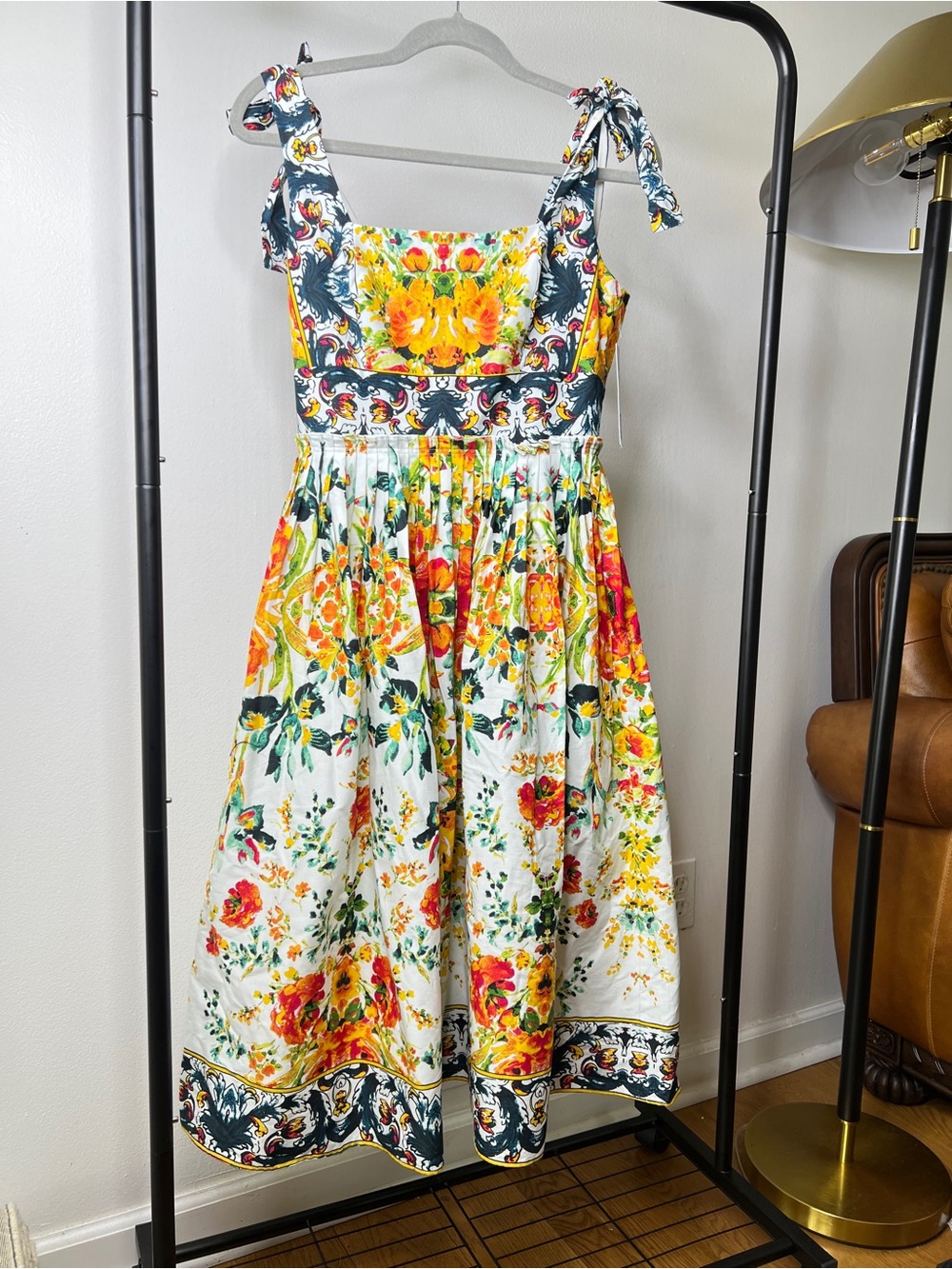 Antonio Melani Ivory Yellow Floral Poplin Midi Dress Square Neck Tie Straps 2